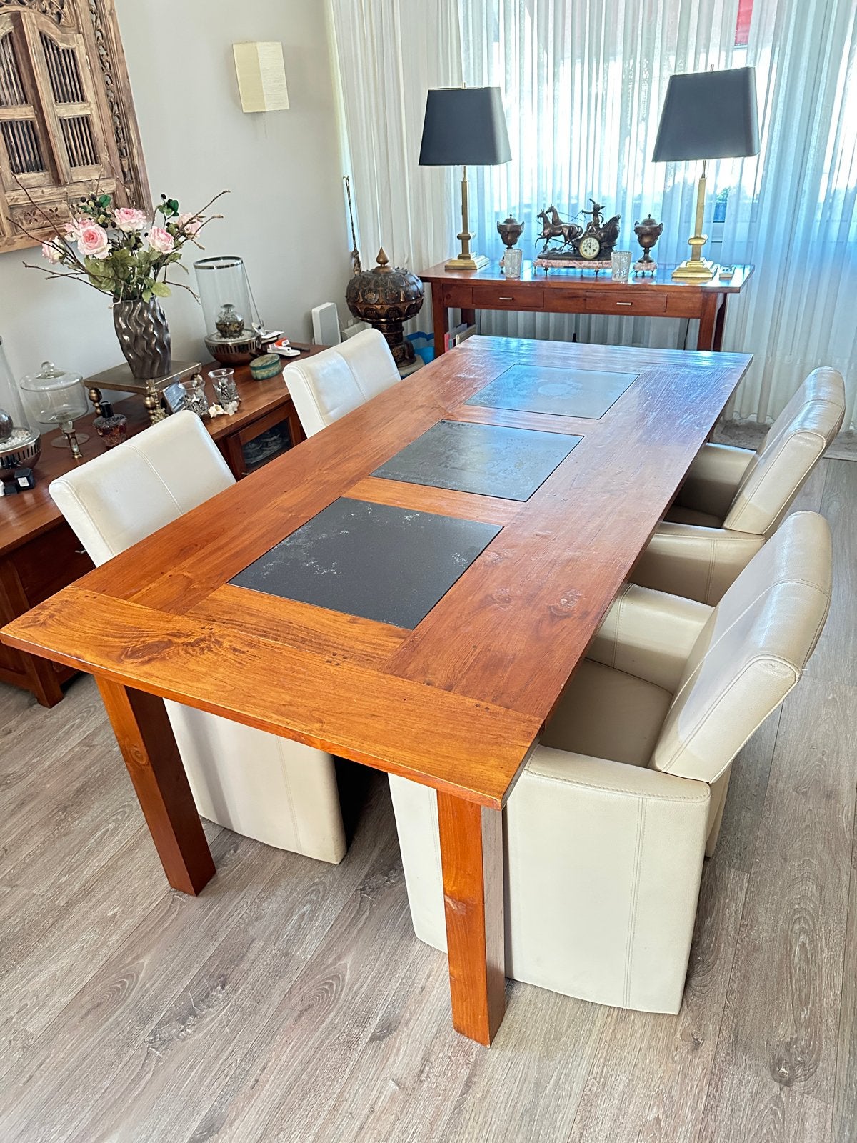 Massief houten eettafel met 3 inlegbladen, Huis en Inrichting, Tafels | Eettafels, Ophalen, 50 tot 100 cm, Zo goed als nieuw, 150 tot 200 cm