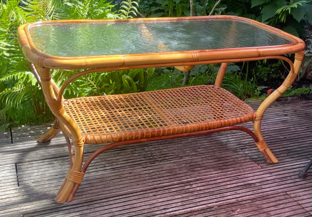 Rohé bamboe salontafel ‘50  met glasplaat - 90x45x45 cm, Huis en Inrichting, Tafels | Salontafels, Ophalen, Overige materialen