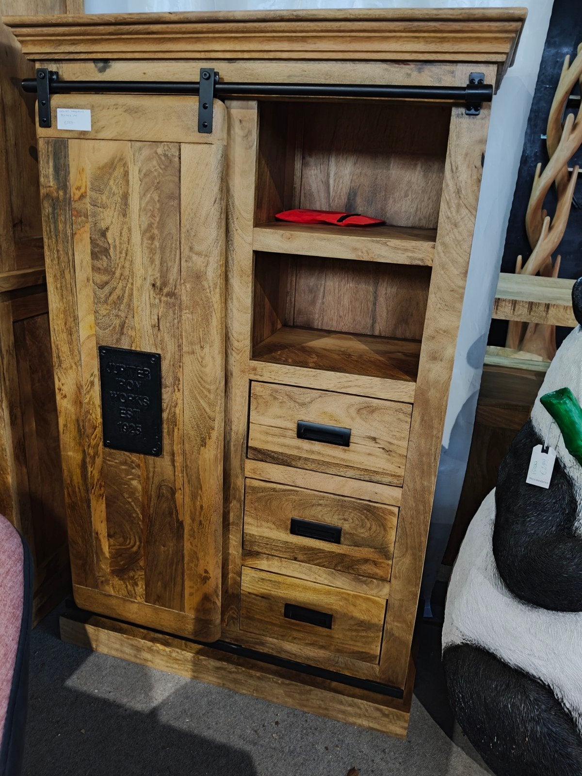 Mangohouten kabinet met schuifdeur - 90x40x140 cm, Huis en Inrichting, Kasten | Ladekasten, Ophalen, 100 tot 150 cm, Nieuw, 50 tot 100 cm