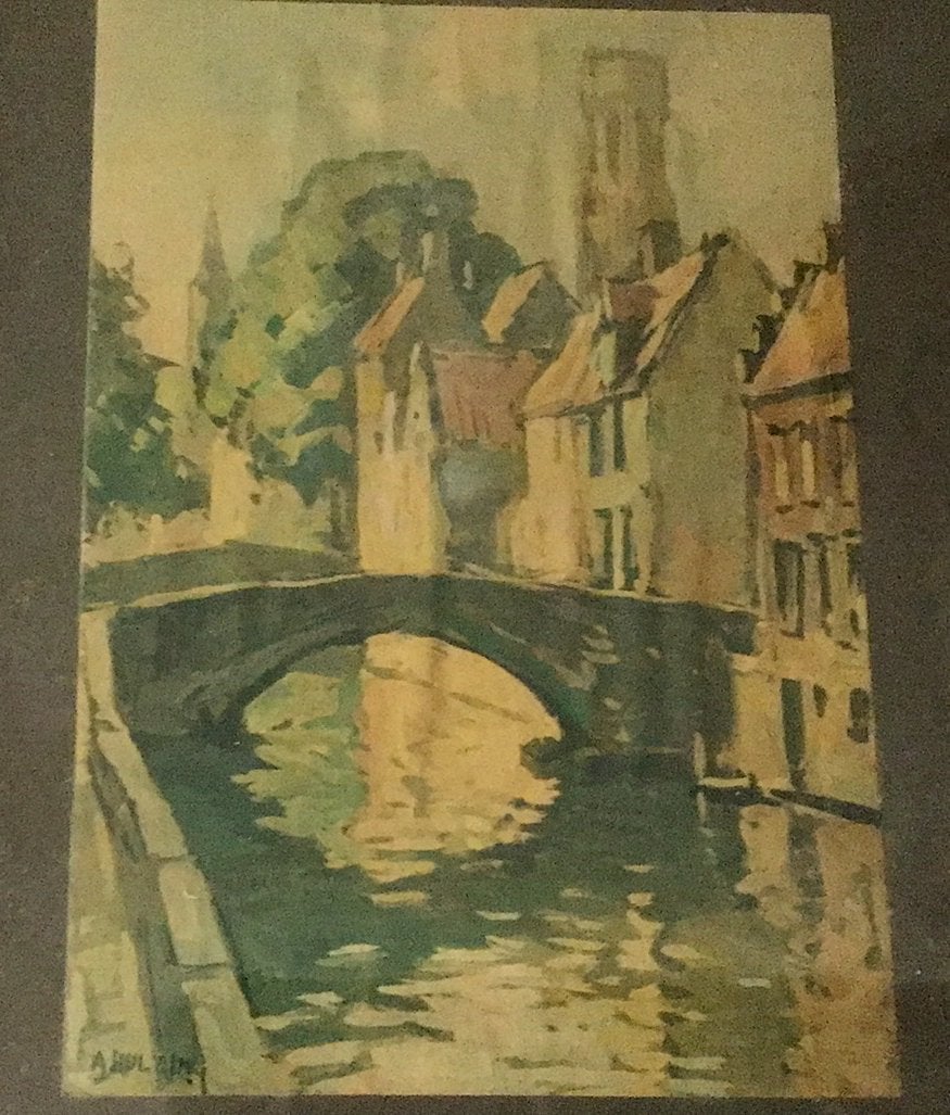Sfeervol stadsgezicht brugge van a hulzing, Antiek en Kunst, Achter glas, Impressionistisch, Ophalen of Verzenden, Papier
