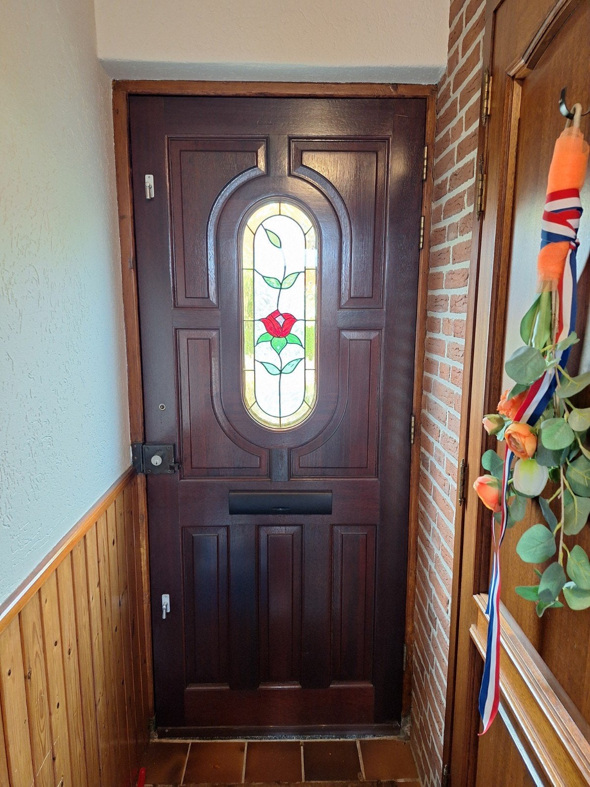 Massieve houten buitendeur met glas-in-lood, Ophalen, Gebruikt, 80 tot 100 cm, Buitendeur