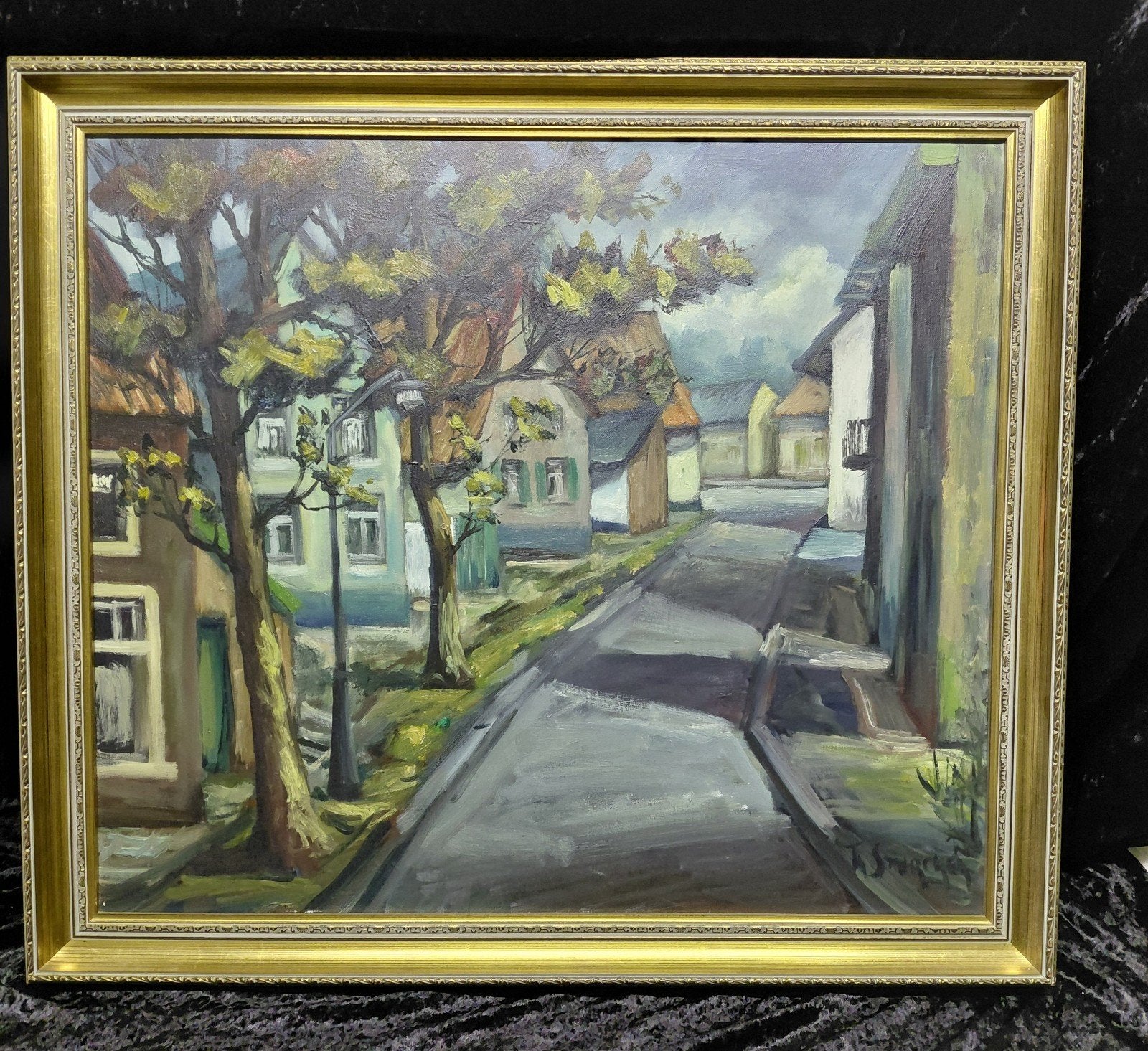 Klasiek schilderij van kelderstraat in stein, Ophalen