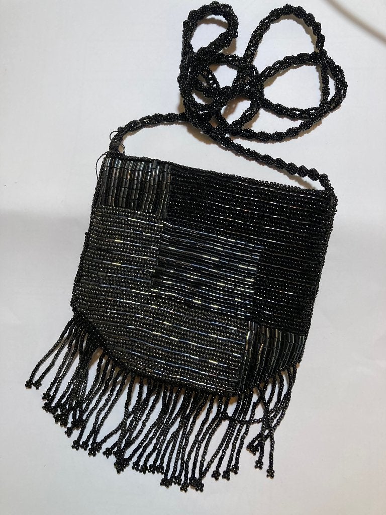 Vintage zwart glaskralen tas tasje brocante avondtasje boho, Ophalen of Verzenden, Zo goed als nieuw, Zwart, Avondtasje