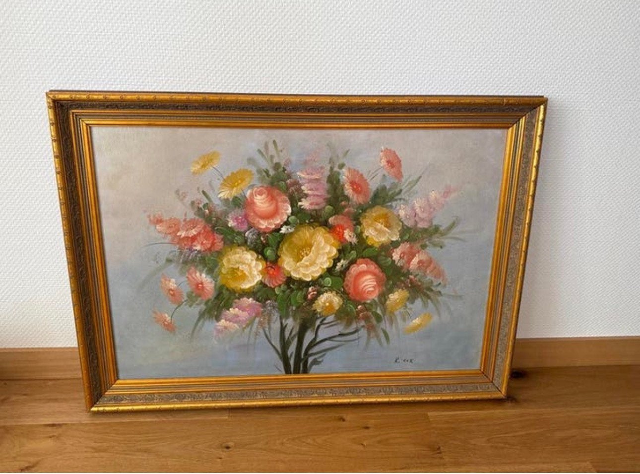 Schilderij bloemen R. Cox, houten lijst met goudkleurig rand, Antiek en Kunst, Ophalen