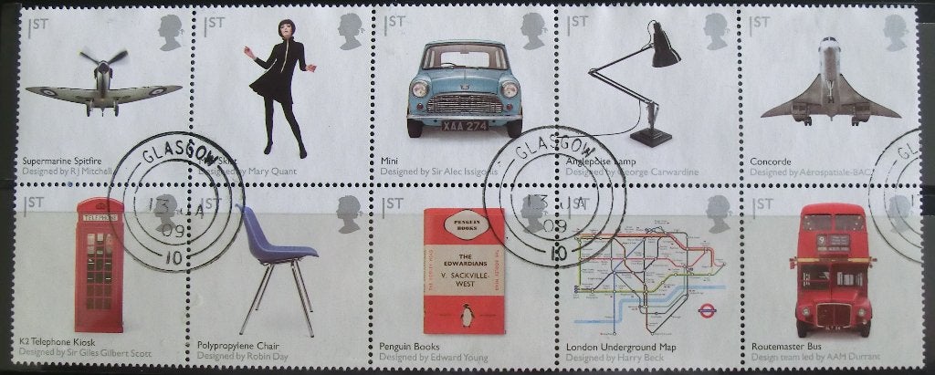 British design classics blok van 10 gest, Ophalen of Verzenden, Gestempeld