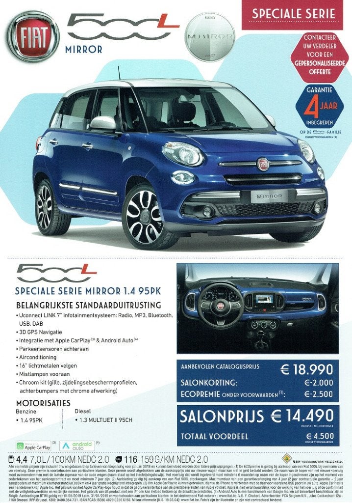 Folder Fiat 500L Mirror (Belgische uitgave - 2019), Verzenden, Zo goed als nieuw, Overige merken