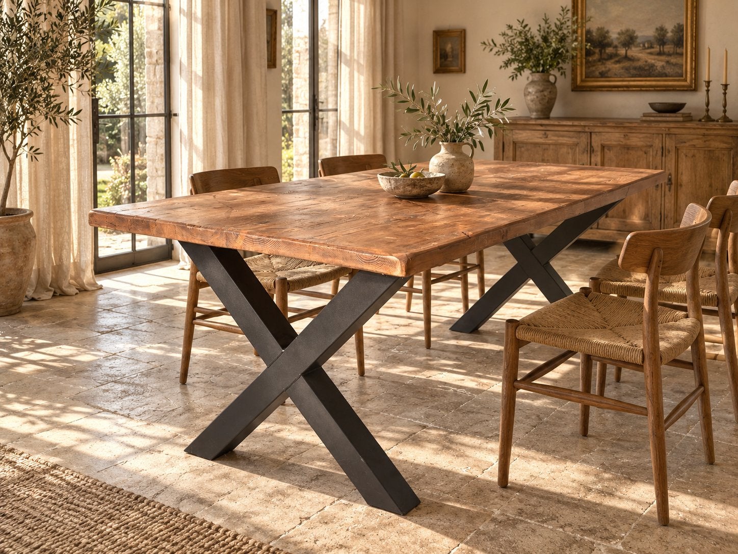 Massief houten eettafel met stalen X-poten, Ophalen, Zo goed als nieuw, 75 m² of meer, Laminaat