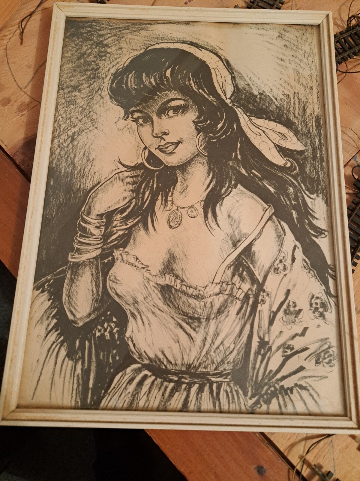 OUDE VINTAGE LIJST MET AFBEELDING VAN EEN ZIGEUNER DAME ., Antiek en Kunst, Ophalen of Verzenden, Ingelijst