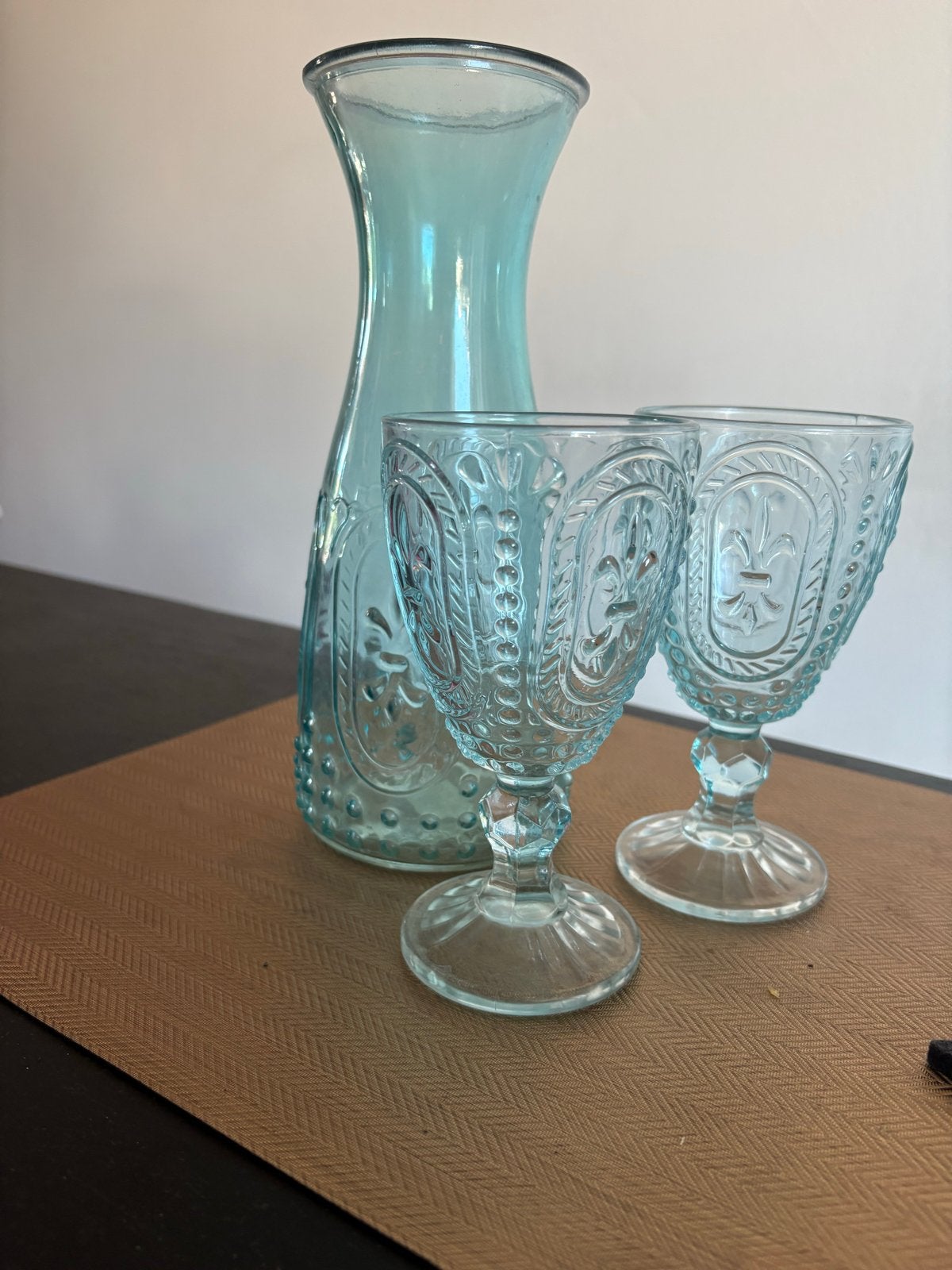 Set van zes glazen en fles in blauw glas, Ophalen, Zo goed als nieuw, Glas, Blauw