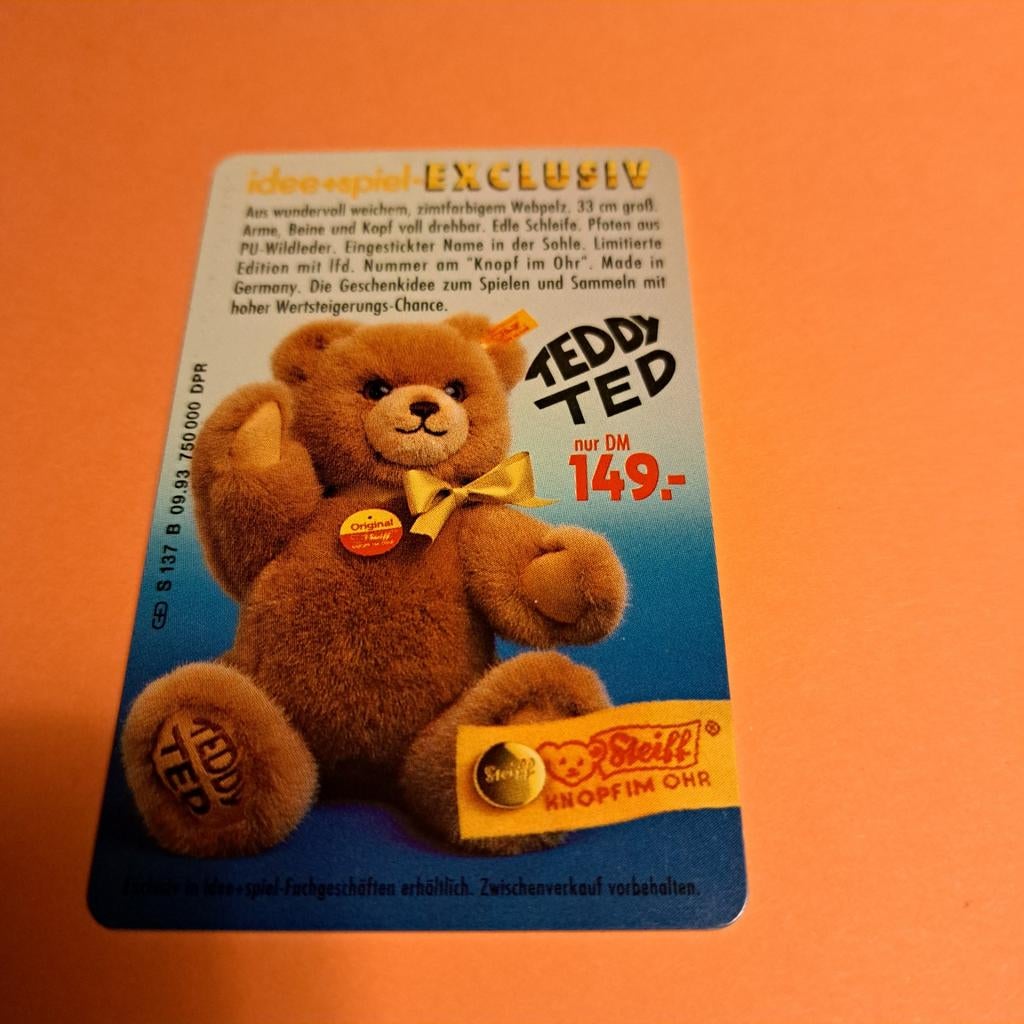 Teddy Ted Steiff telefoonkaart, Ophalen of Verzenden, Zo goed als nieuw, Overige typen, Steiff