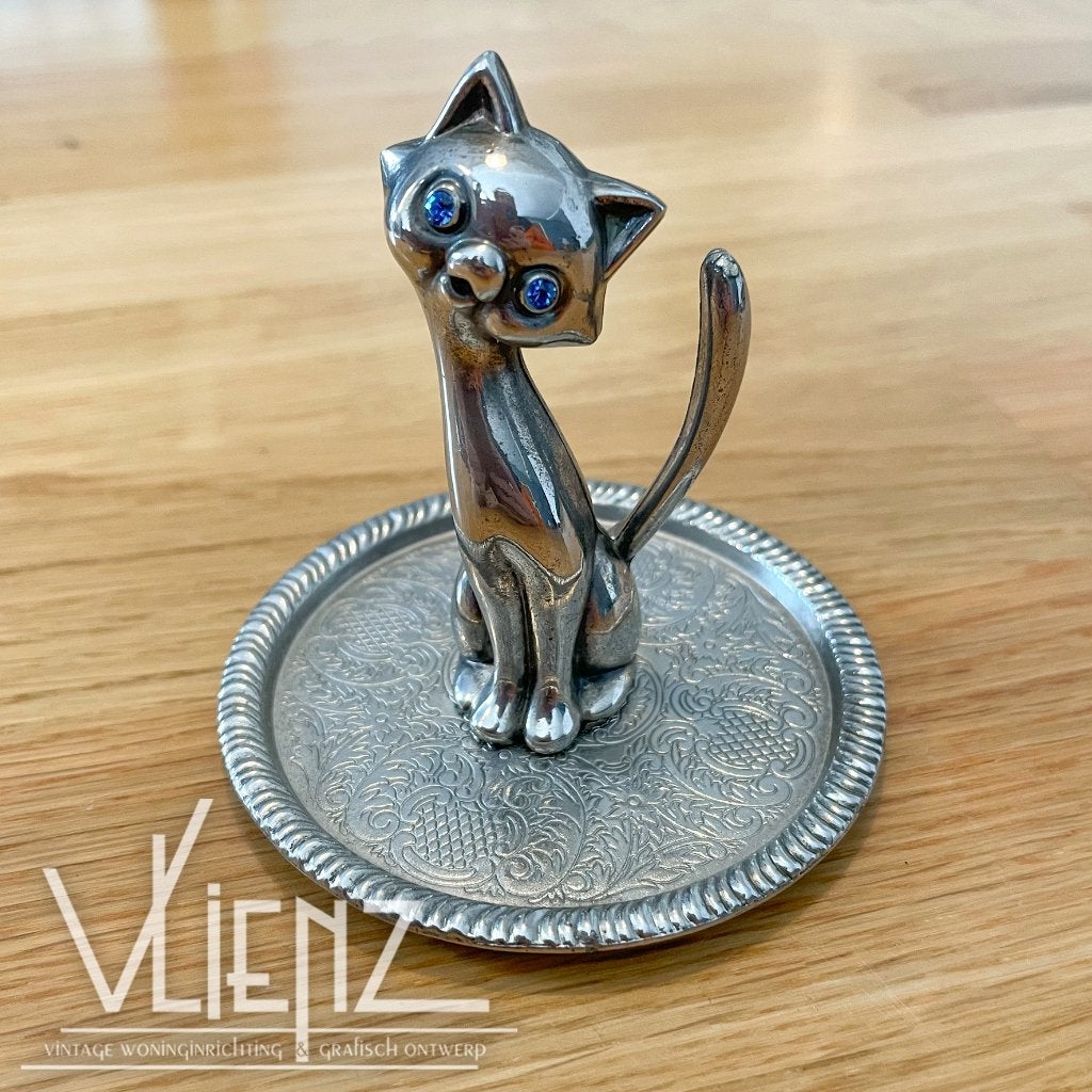 Vintage, retro, verzilverde ringhouder sieraden poes, kat, Ophalen of Verzenden