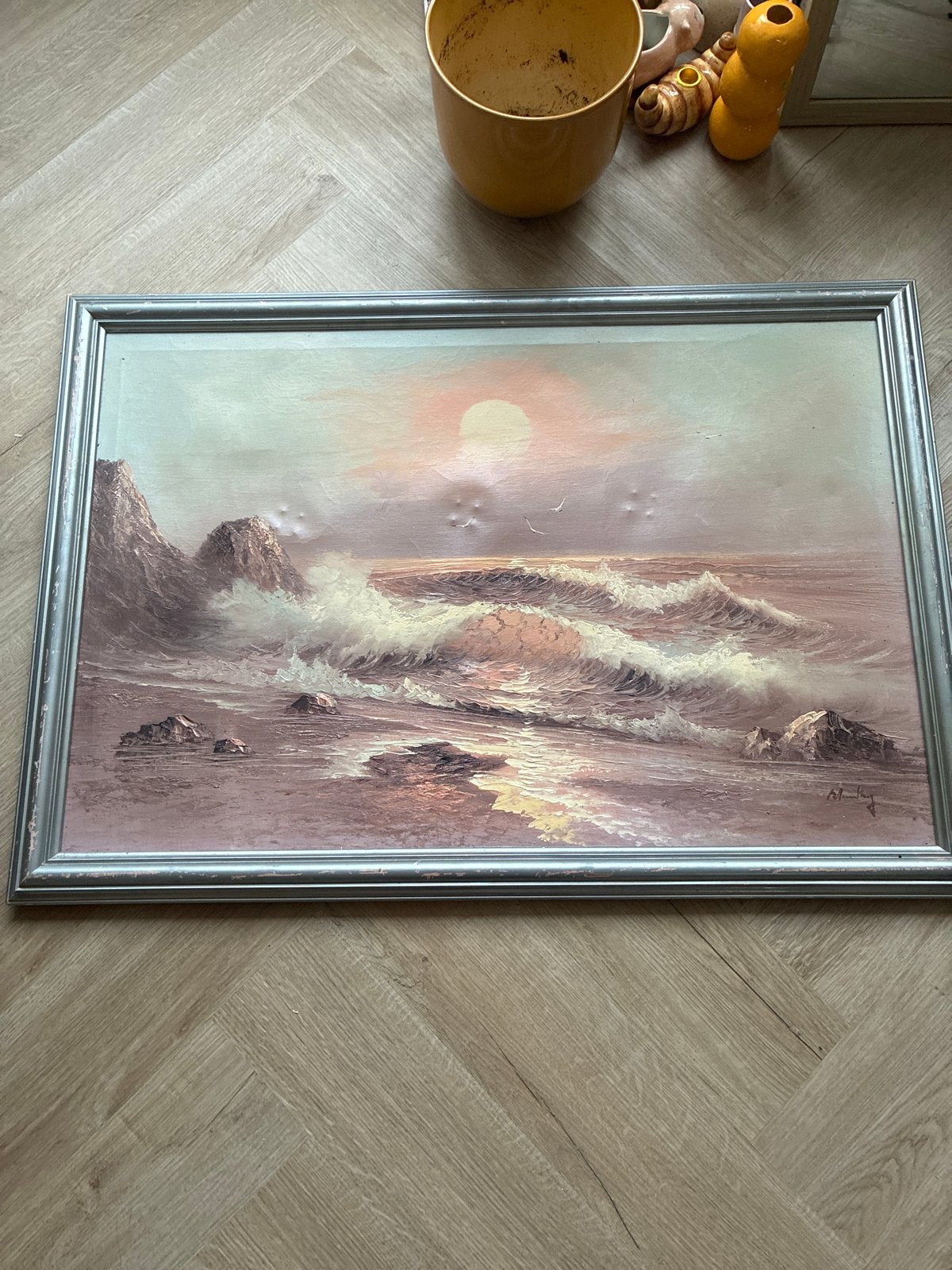 Schilderij zonsondergang aan zee - kan opknapbeurt gebruiken, Ophalen, Maritiem / water, Doek, Realistisch