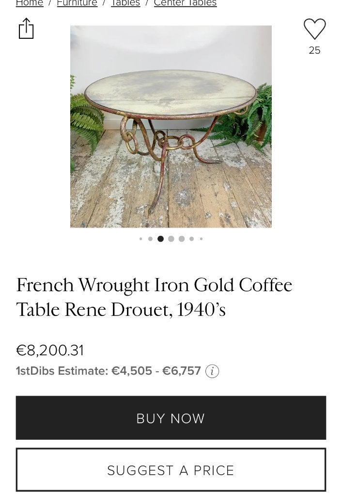 René Drouet verguld Smeedijzeren Brocante salontafel Vintage, Ophalen, 50 – 75, Gebruikt, 50 tot 100 cm