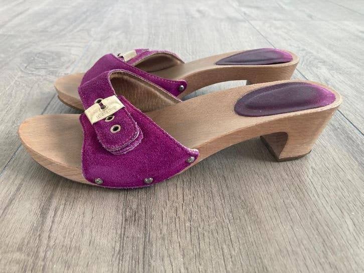Lage paars suède lederen kleppers Scholl mt 38, Kleding | Dames, Schoenen, Scholl, Overige kleuren, Gedragen, Sandalen of Muiltjes