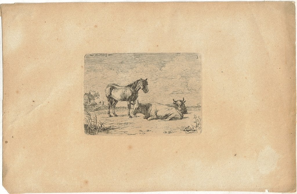 Hendrik vd Poorten ets "2 Liggende Koeien en 'n Paard", 1841, Ophalen, 1800 - 1899, Ets, Origineel
