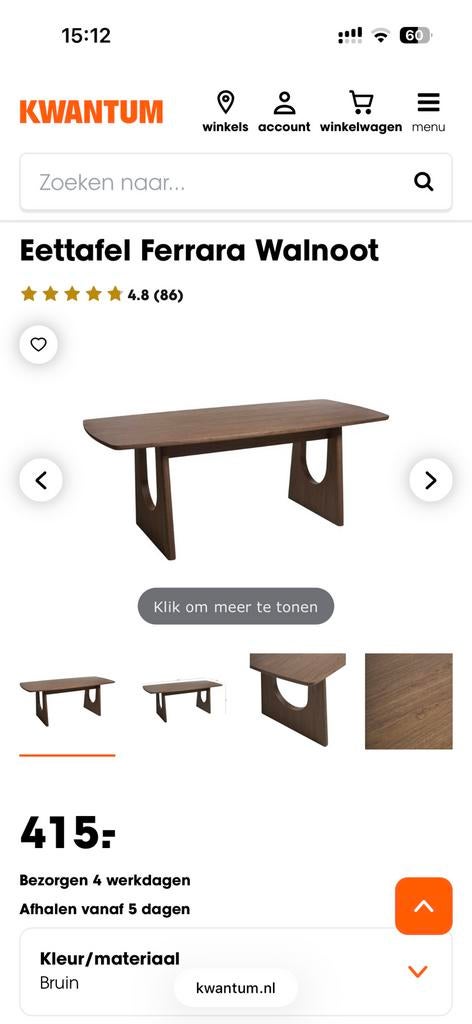 Eettafel bruin Ferrara (kwantum): nieuw in doos, Huis en Inrichting, Tafels | Eettafels, Nieuw, 50 tot 100 cm, 150 tot 200 cm
