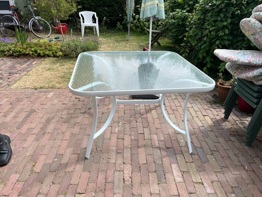 Glazen tuintafel, Tuin en Terras, Tuintafels, Ophalen, Gebruikt, Vierkant, Overige materialen