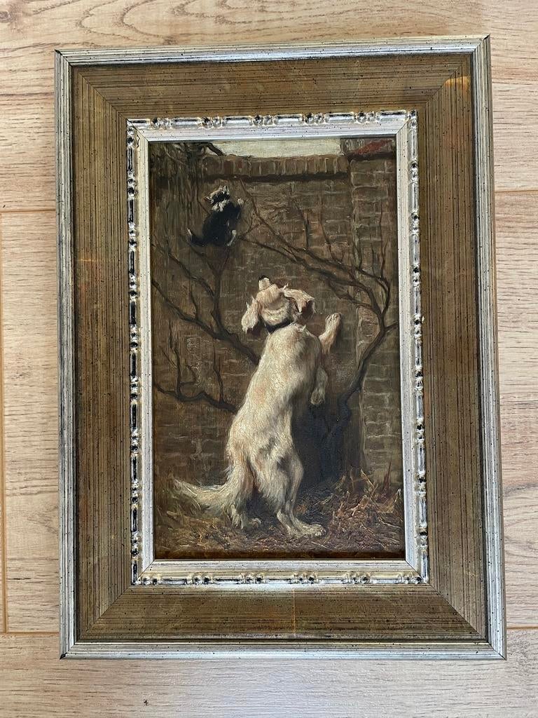 Schilderij Jan van Essen – hond in actie (olieverf) 23x13, Ophalen