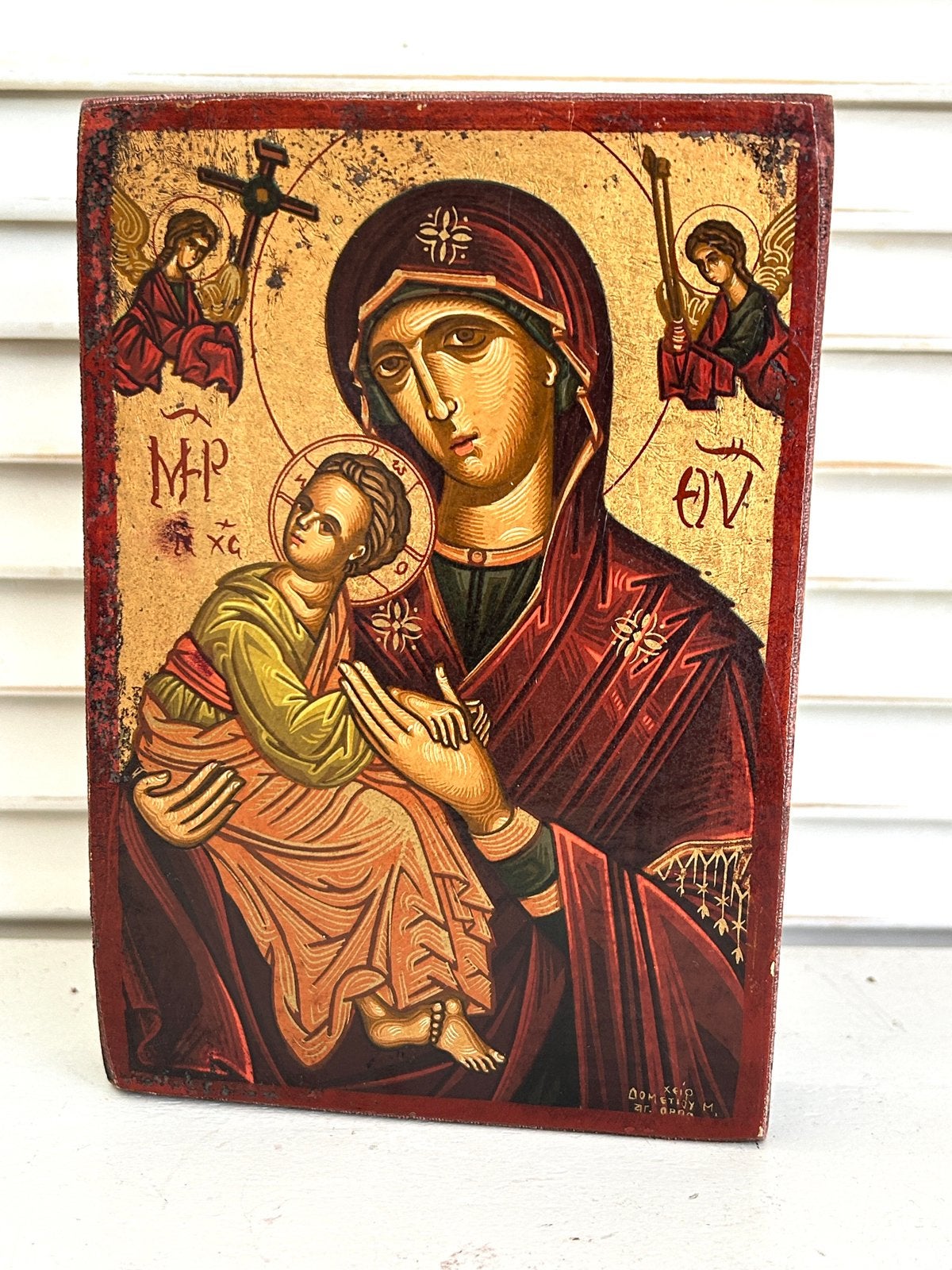 Vintage Grieks orthodox houten icoon van de Moeder Gods, Ophalen