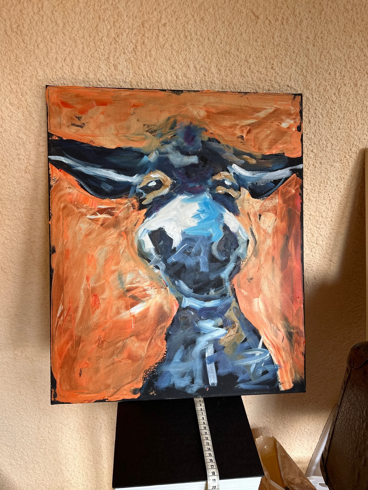 Modern schilderij: Abstracte koe op oranje achtergrond, Ophalen, Acrylverf, Handgeschilderd, Dieren