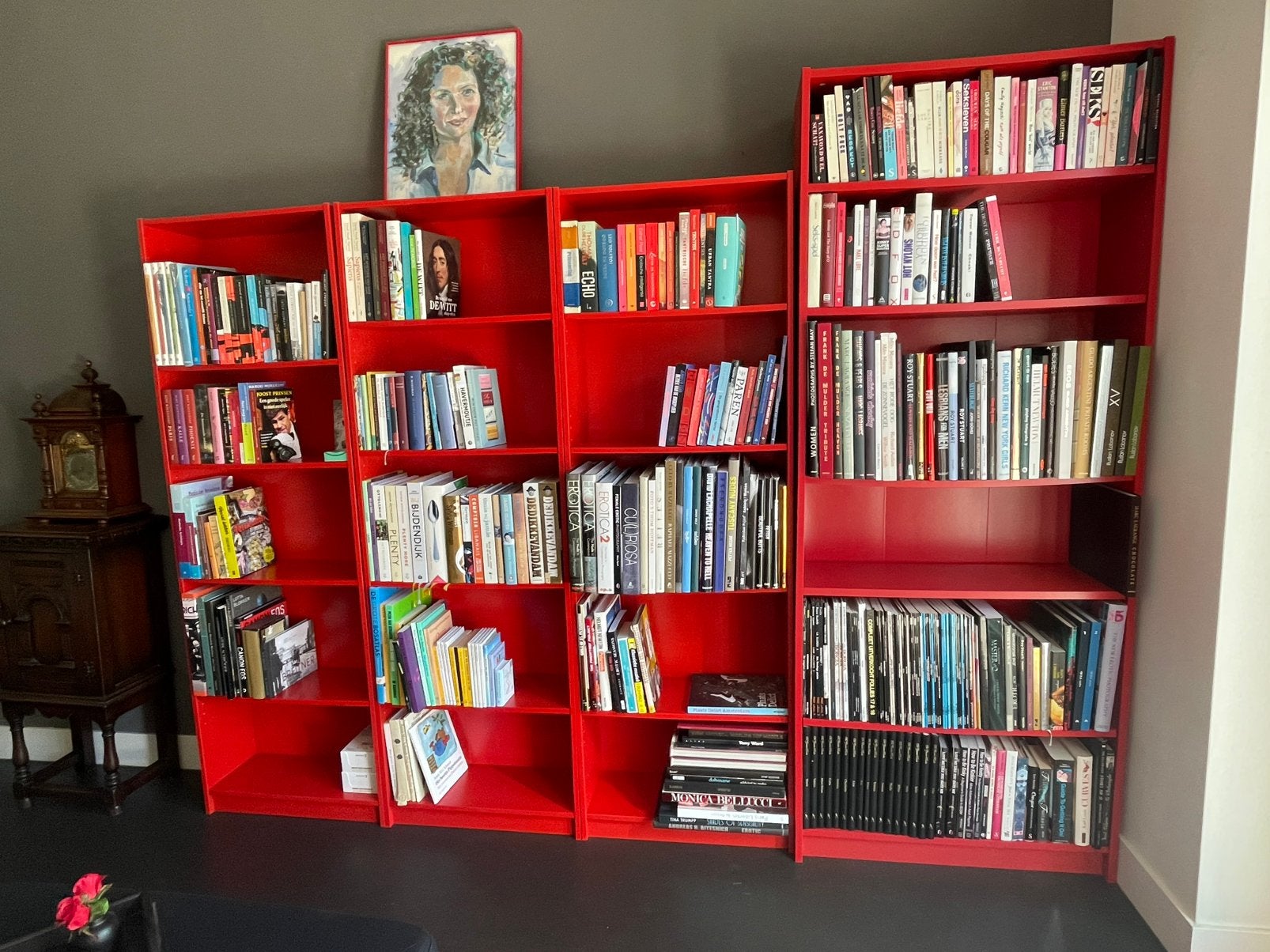 Rode Billy Boekenkasten, 4 stuks samen voor € 40,-, Ophalen, Met plank(en), Gebruikt, 200 cm of meer