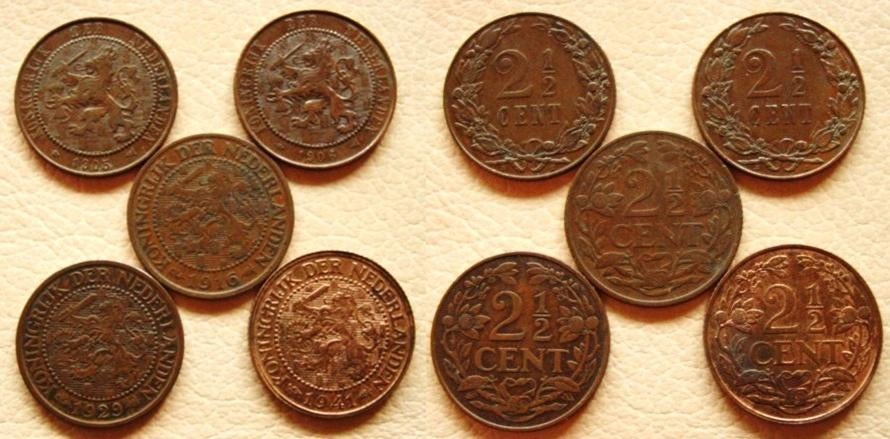 2 ½ cent 1905-1941, 5 stuks, Verzenden, Koningin Wilhelmina, Overige waardes