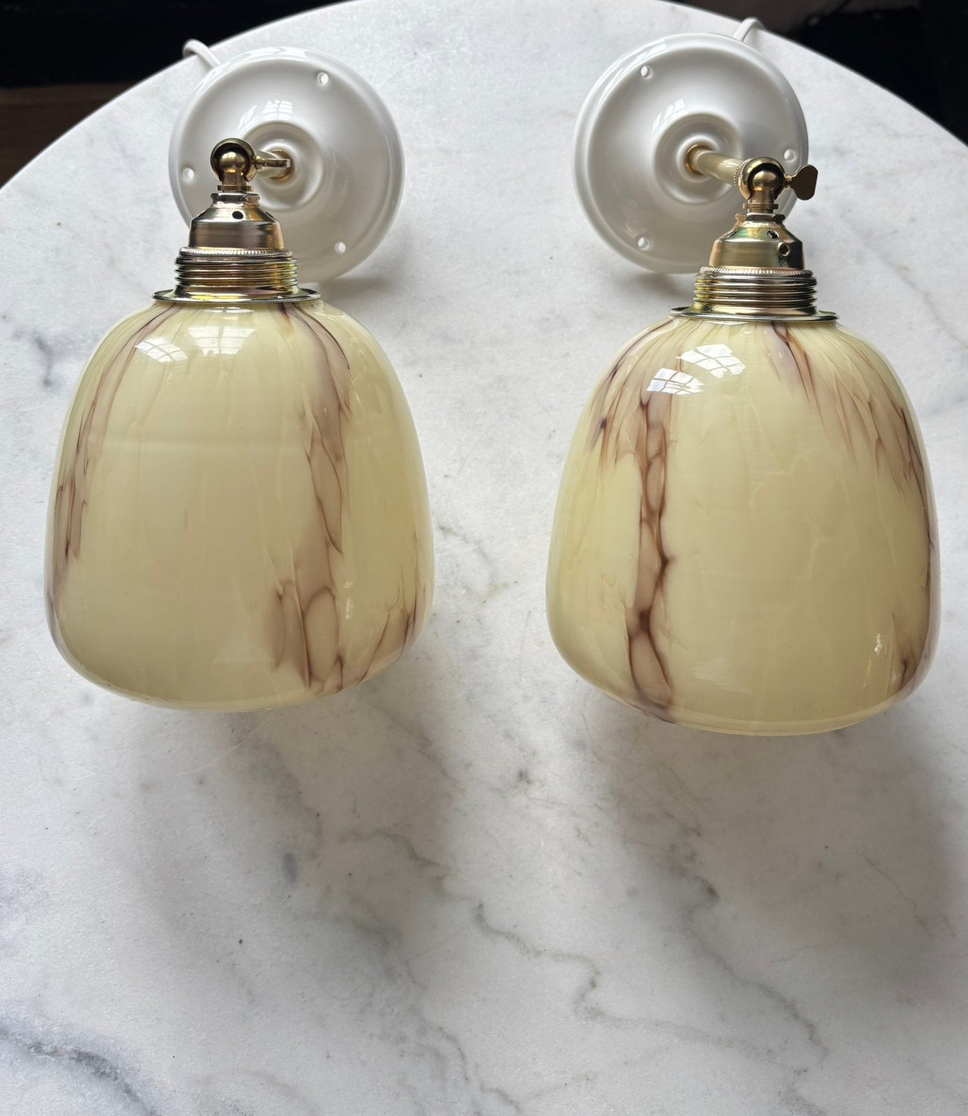 Set 2 vintage wandlampen marmer geel glas glazen lamp kap, Ophalen of Verzenden, Zo goed als nieuw, Glas