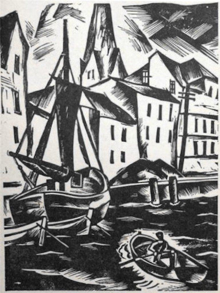 Ulrich Hallerstede (1899-1978) Houtsnede 'Schip in haven' ~1, Antiek en Kunst, Ophalen of Verzenden