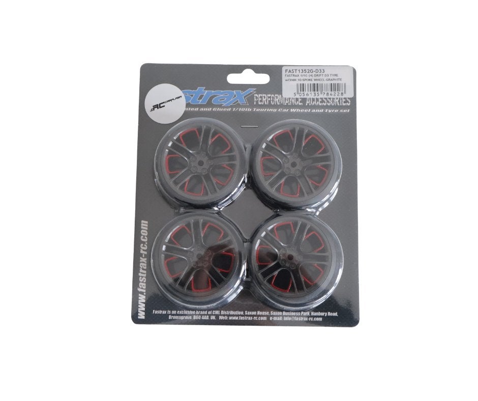 FASTRAX 1/10 Drift D3 Banden met 3mm 10-Spoke Velgen, Ophalen of Verzenden, Nieuw, Overige schalen, Onderdeel