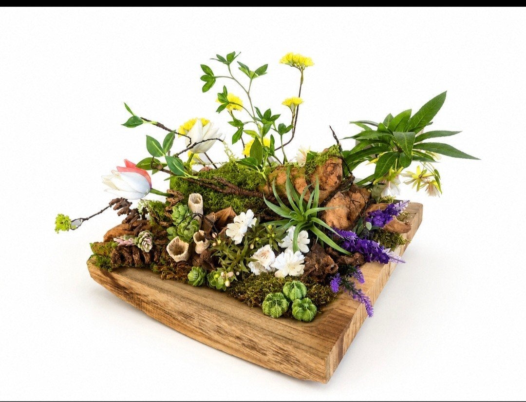 Decoratief  bloemstuk op houten plank, Ophalen, Hout, Meerkleurig, Nieuw