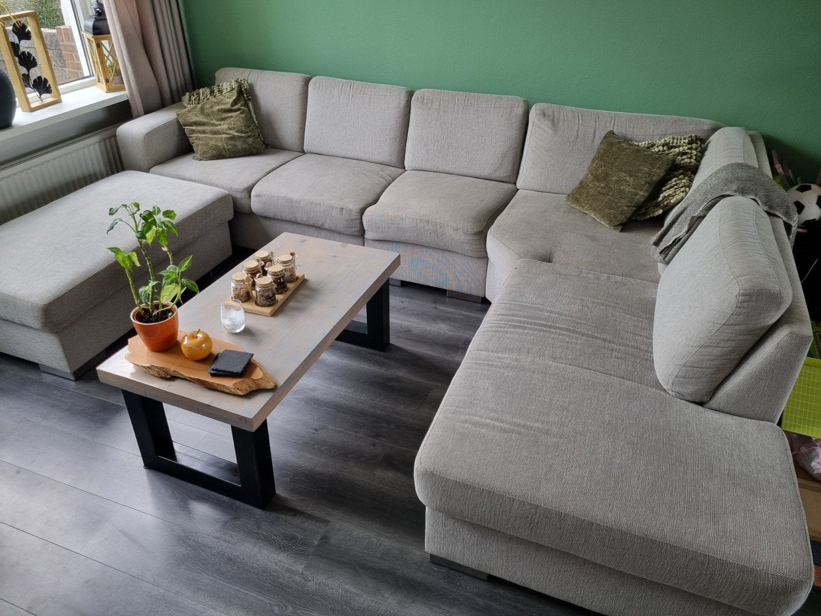 Grote hoekbank met chaise longue en losse poef, Ophalen, Modern, Comfortabel, Gebruikt, Hoekbank