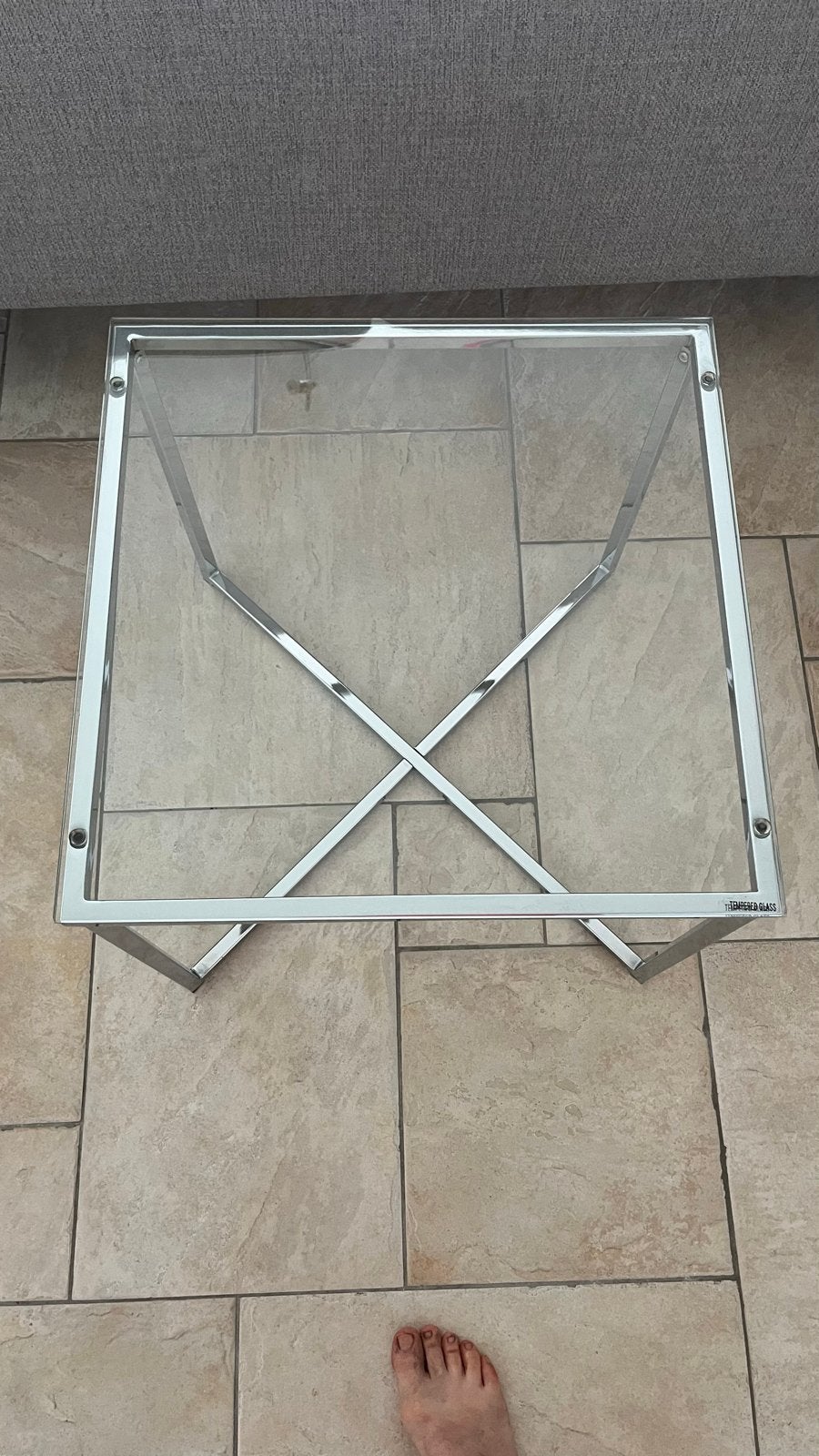 Glazen vierkante bijzettafel met chroom onderstel, Ophalen, Gebruikt, Vierkant, Glas