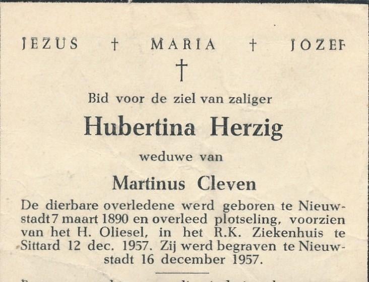 Nieuwstadt 1890- Sittard 1957 Hubertina Herzig/ M. Cleven, Ophalen of Verzenden, Bidprentje