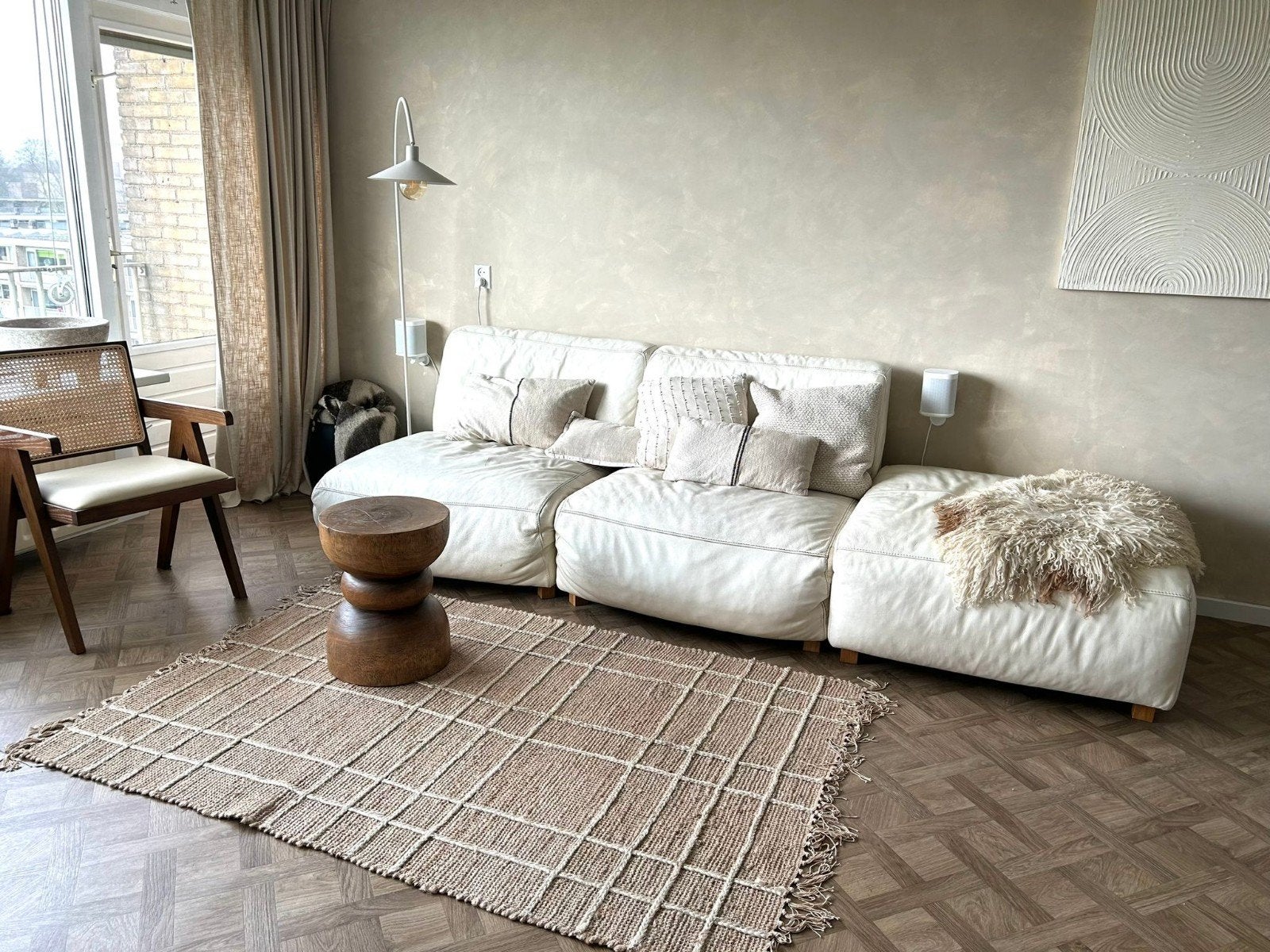 Witte leren bank met hocker. ( losse elementen ), Ophalen, 250 tot 300 cm, Gebruikt, Driepersoons