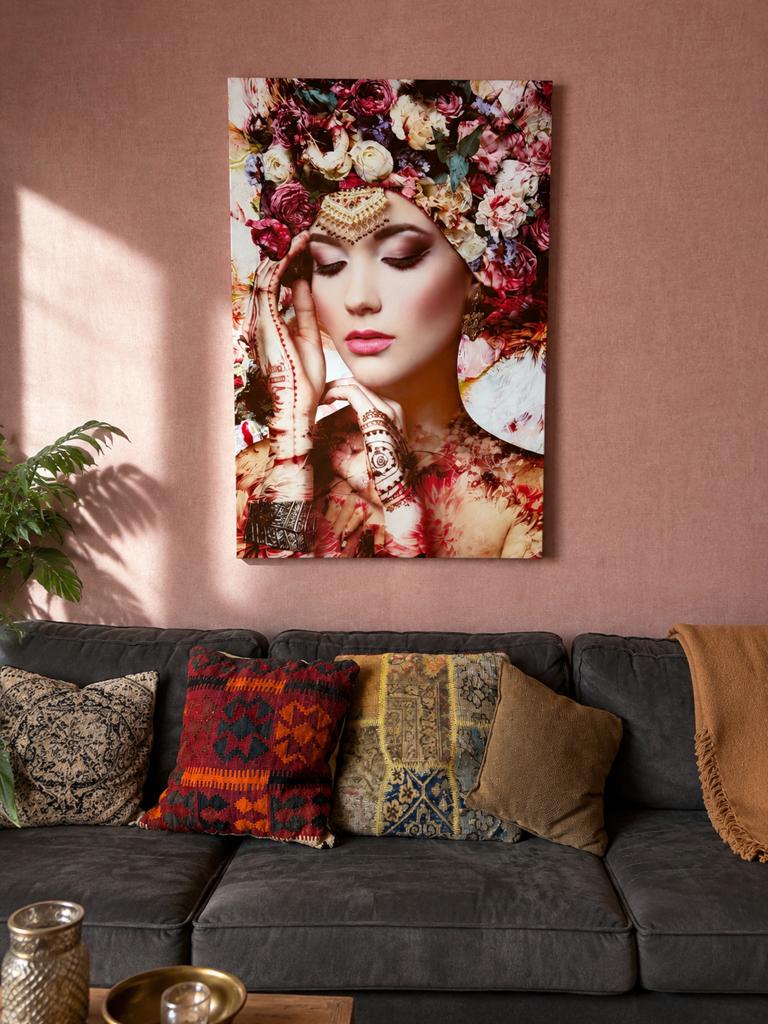 Glasschilderij 80x120cm Artistieke vrouw met bloemen, Ophalen, Zo goed als nieuw, Schilderij, 75 cm of meer
