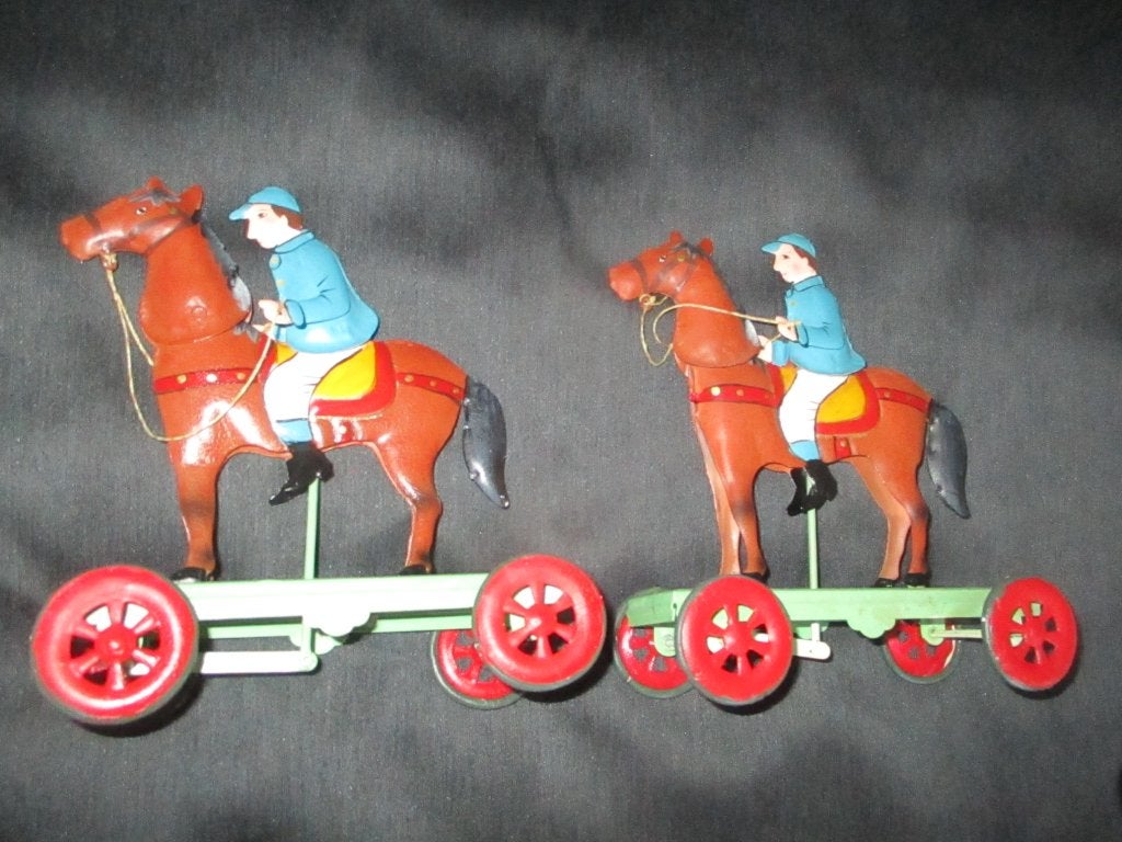 Blik speelgoed twee renpaarden ., Antiek en Kunst, Ophalen of Verzenden