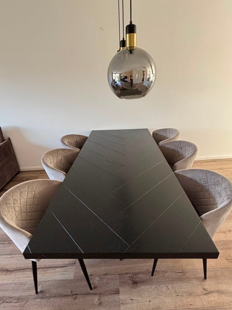 Visgraat eettafel incl stoelen, Huis en Inrichting, Tafels | Eettafels, Ophalen, 100 tot 150 cm, Visgraat zwart, Eikenhout