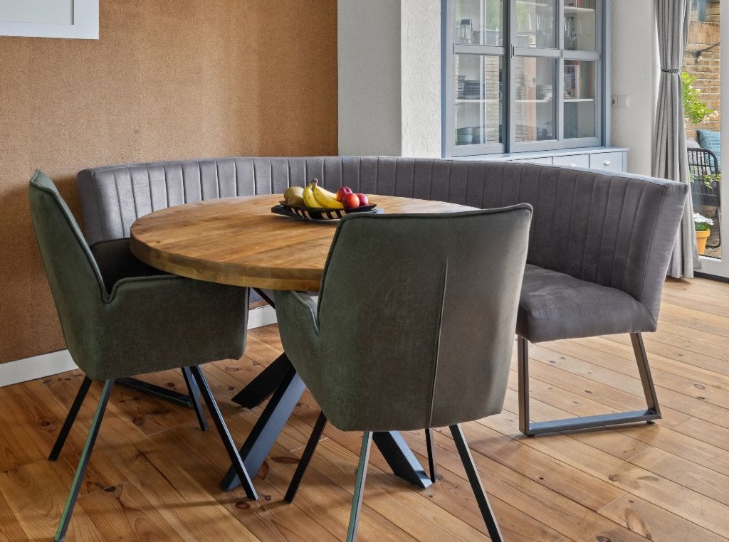 Complete Eetkamerset in zeer goede staat!, Ophalen, Gebruikt, Overige materialen, Industrieel, mango hout en onderhoudsarme imitatieleer