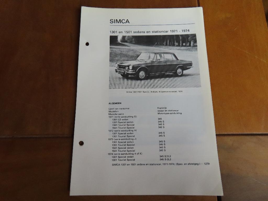 Vraagbak Simca 1301, Simca 1501 1971-74 specs +afstelling, Ophalen of Verzenden