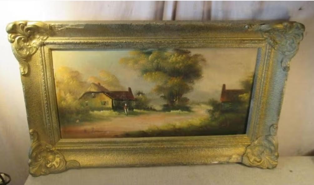 Mooi Antiek Geschilderd Werk 'Hoeve en Schuur' - gesign, Antiek en Kunst, Ophalen of Verzenden