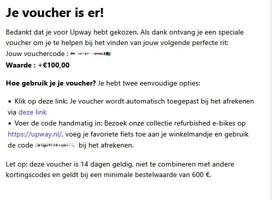 Upway voucher twv €100,-, Tickets en Kaartjes, Kortingen en Cadeaubonnen, Eén persoon, Kortingsbon, Overige typen