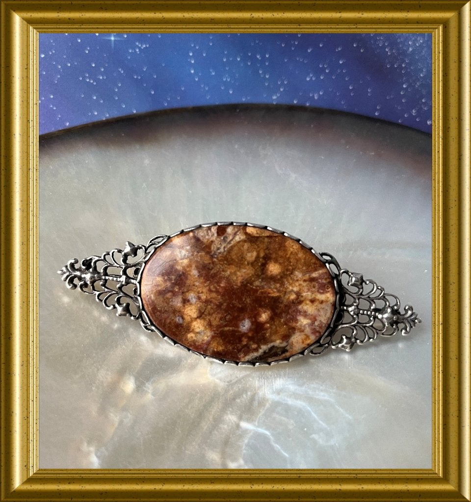 Grote zilveren broche met agaat, 8 cm, Sieraden, Tassen en Uiterlijk, Antieke sieraden, Ophalen of Verzenden, Zilver, Broche, Met edelsteen