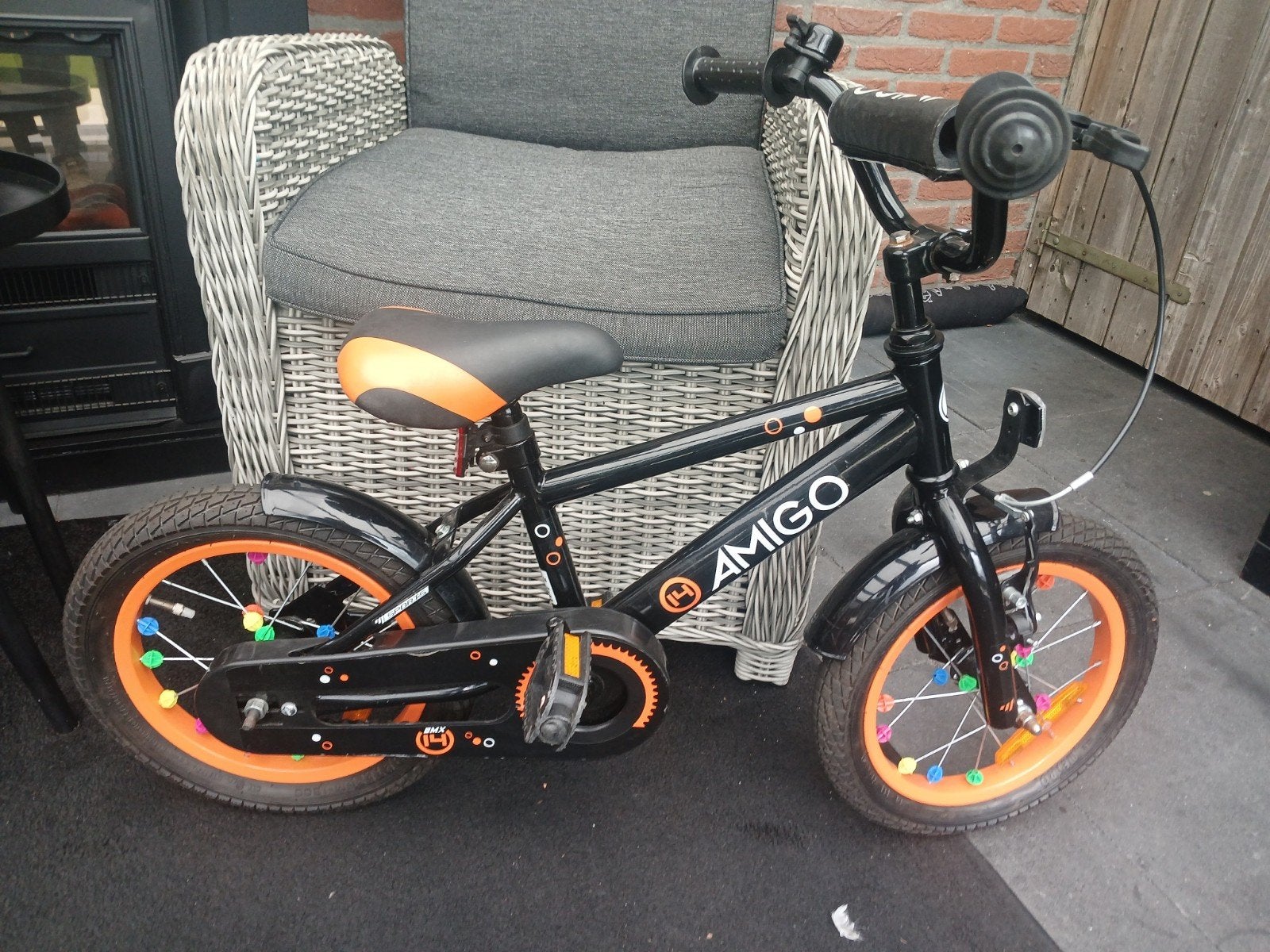 Amigo Kinderfiets 14 inch! - Zwart/Oranje, Ophalen, Velgrem, Amigo, Minder dan 16 inch