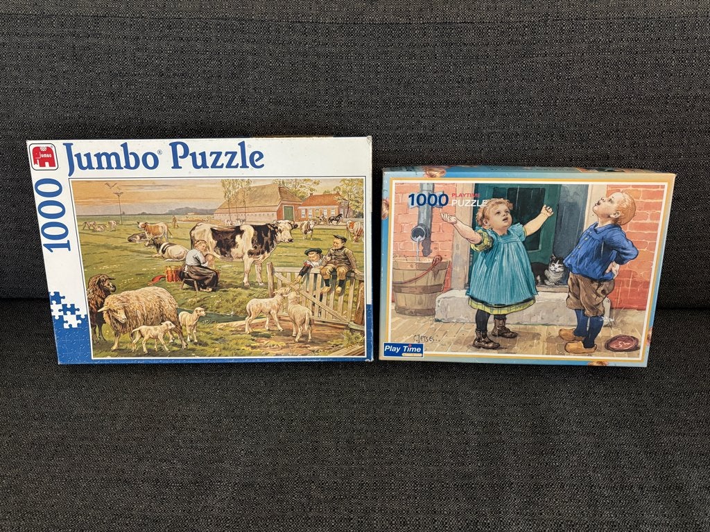 Twee puzzels van elk 1000 stukjes - boerderijtaferelen, Ophalen of Verzenden, 500 t/m 1500 stukjes, Gebruikt, Legpuzzel