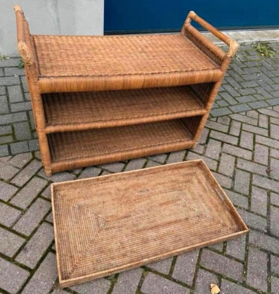Vintage rotan serveerwagen / trolley met afneembaar blad, Ophalen of Verzenden