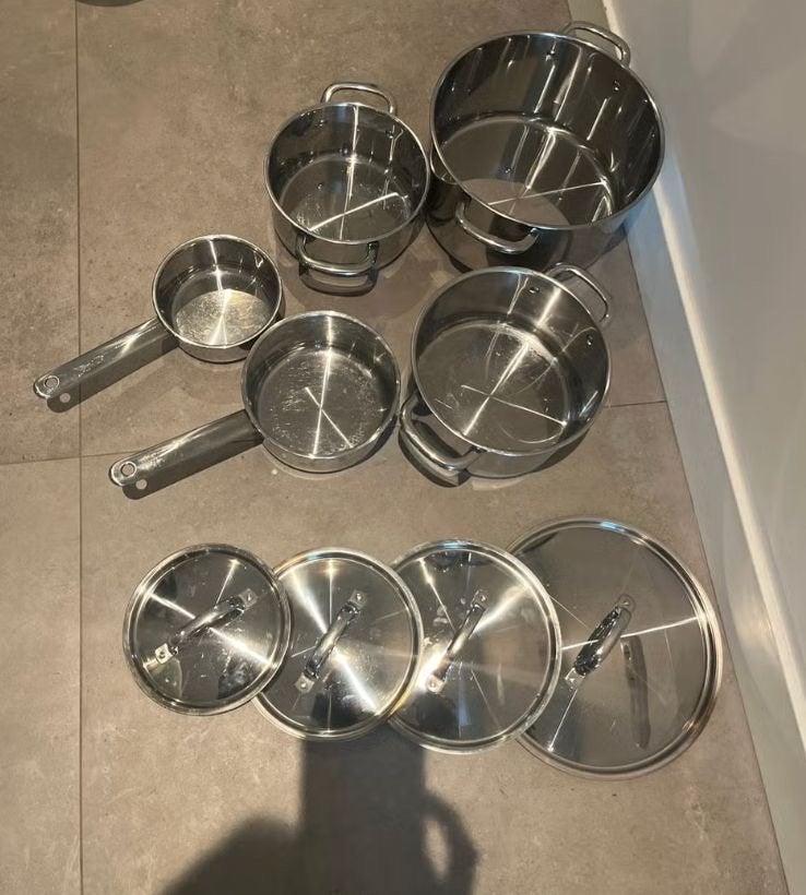 Complete pannenset van RVS - IKEA, Huis en Inrichting, Ophalen, Gebruikt, Met deksel, Pannenset