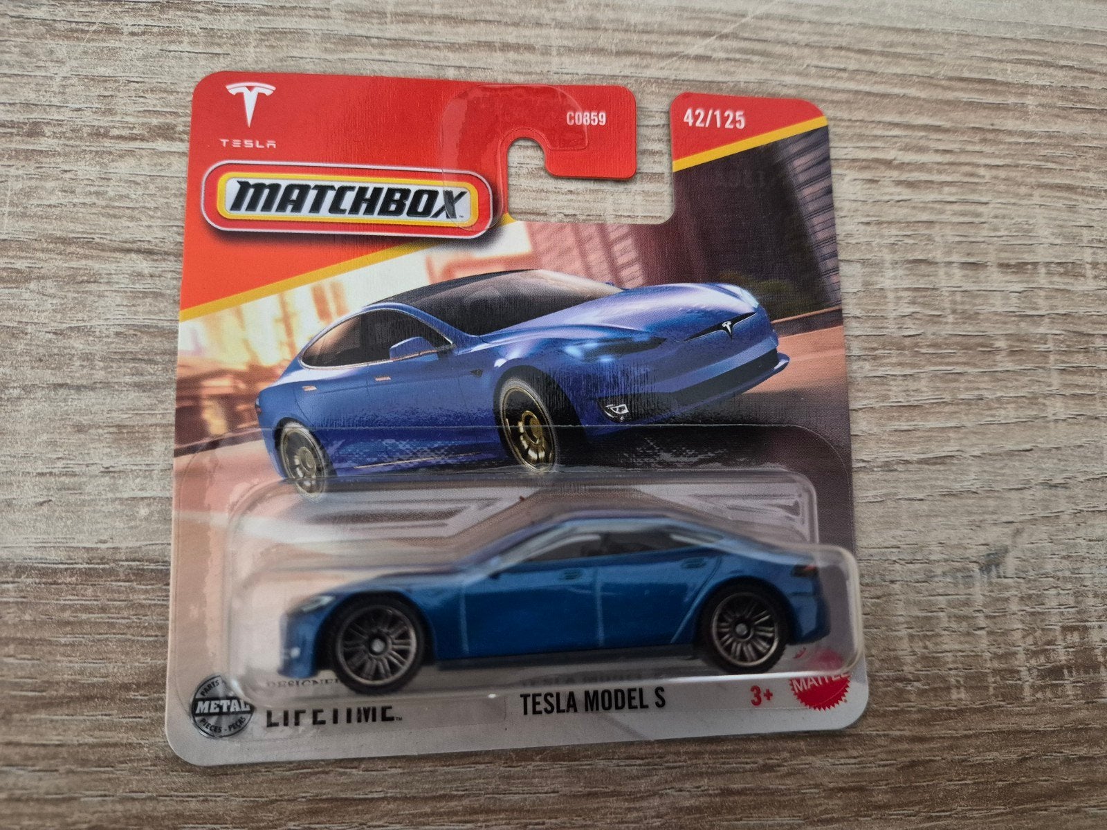 Tesla Model S blauw metallic 1:64 (Matchbox), Ophalen of Verzenden, Nieuw, Auto