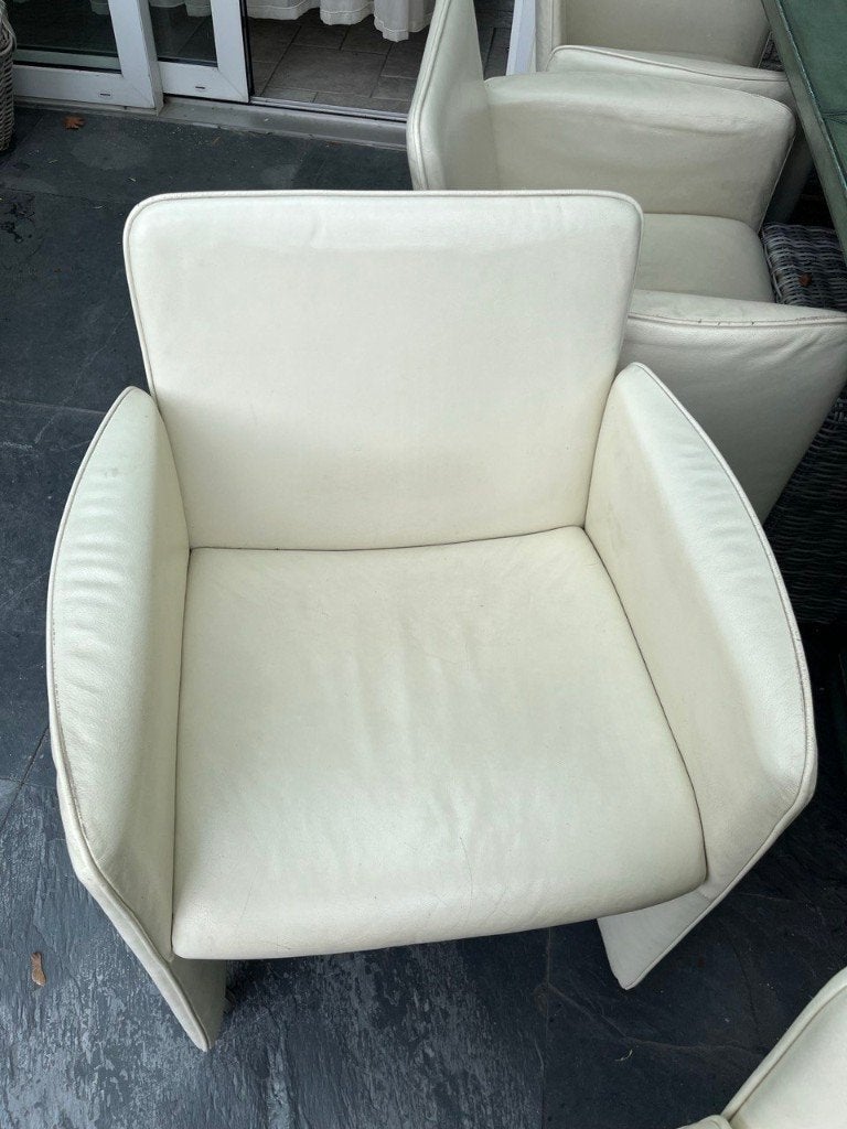 Crème (kunst)leren eetkamerstoelen met wieltjes 6 stuks, Ophalen, Kunststof, Gebruikt, Wit