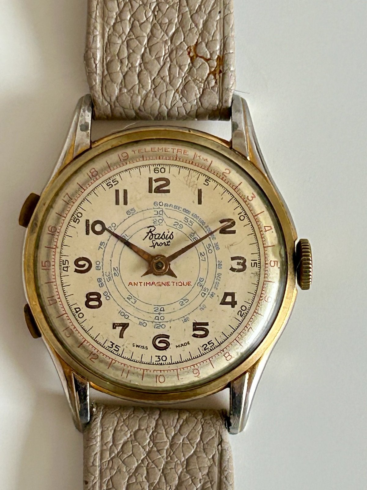 Antiek horloge Basis Sport Antimagnetique Chronograaf, 1940s, Antiek en Kunst, Ophalen of Verzenden