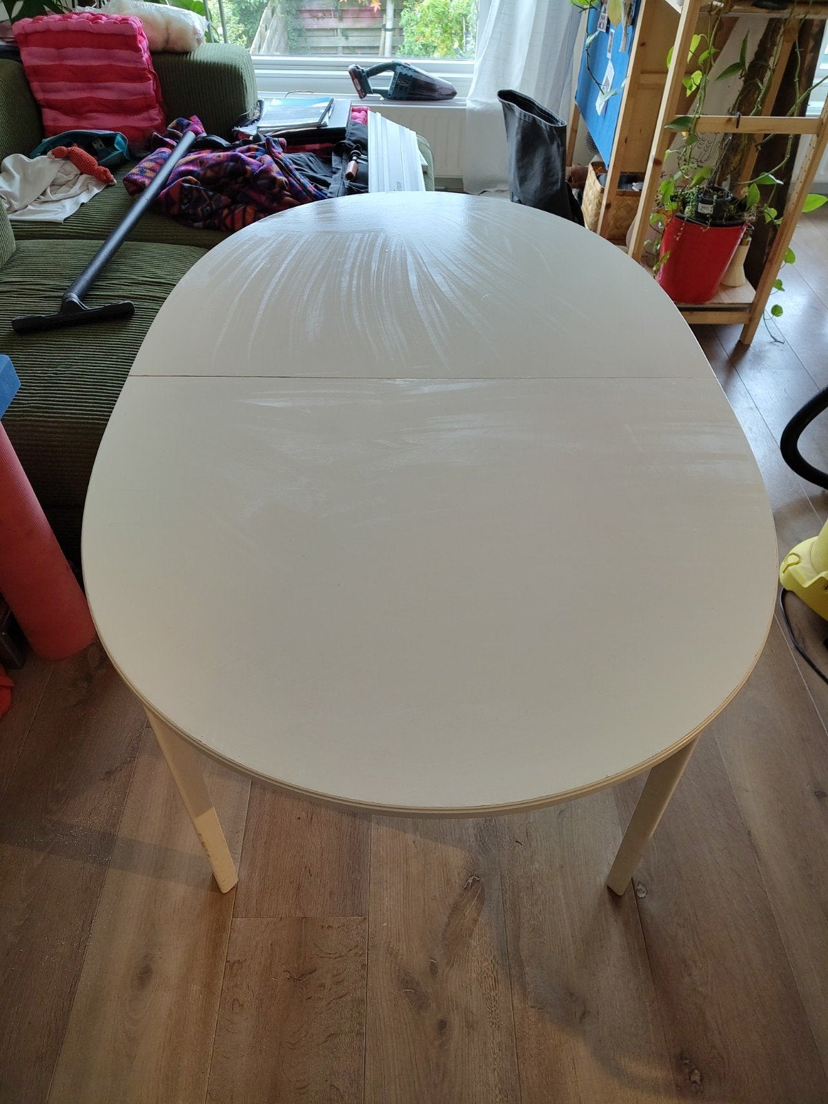 Uitschuifbare eettafel, wit, ovaal, 4-6 personen, Huis en Inrichting, Ophalen, Gebruikt, 50 tot 100 cm, Vijf personen of meer